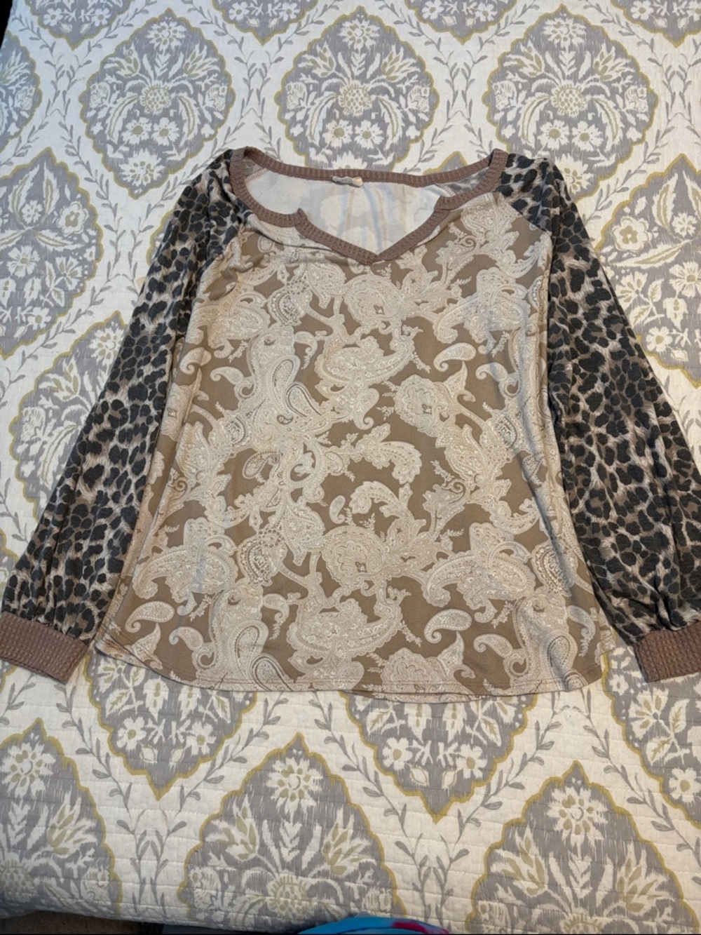 BiBi Neutral Paisley and Leopard-Trim Knit Top